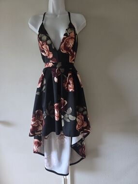 Black Floral V-Neck High-Low Mini Dress in Rose
